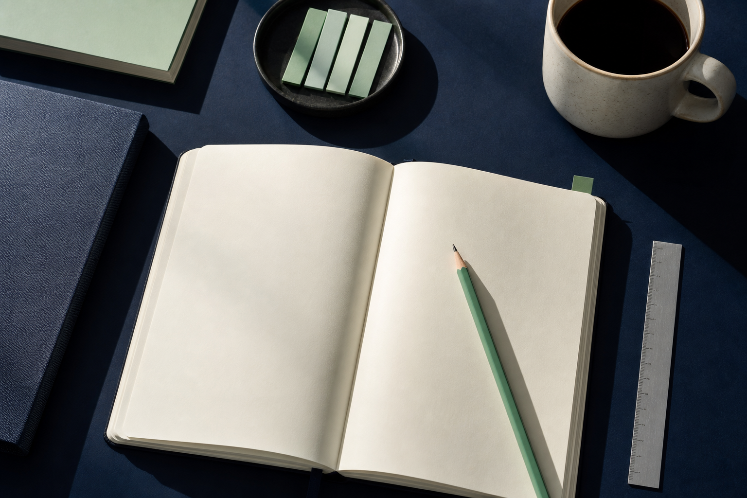 Offenes Notizbuch mit mintgrünem Stift auf einem nachtblauen Schreibtisch