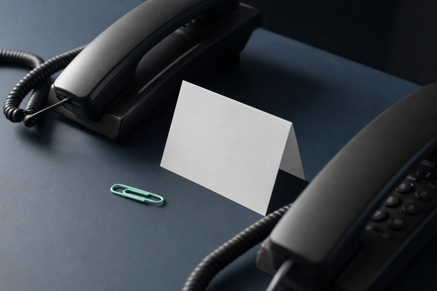 Zwei schwarze Telefone mit einer leeren Notizkarte und mintgrüner Büroklammer